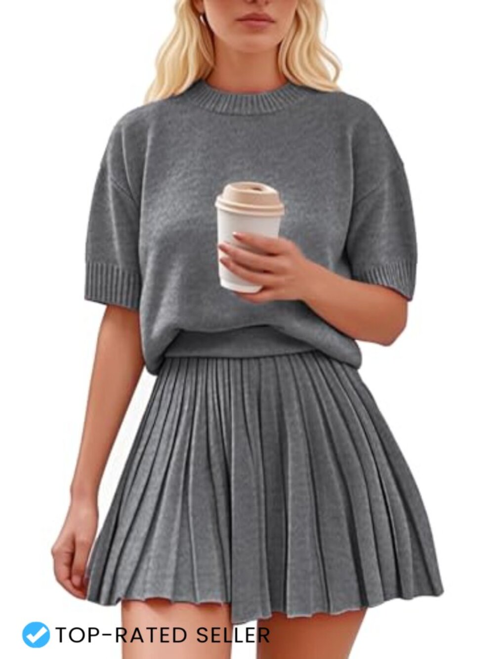 Womens 2 Piece Skirt Set Short Sleeve Crewneck Knit Top Pleated Mini Skirt